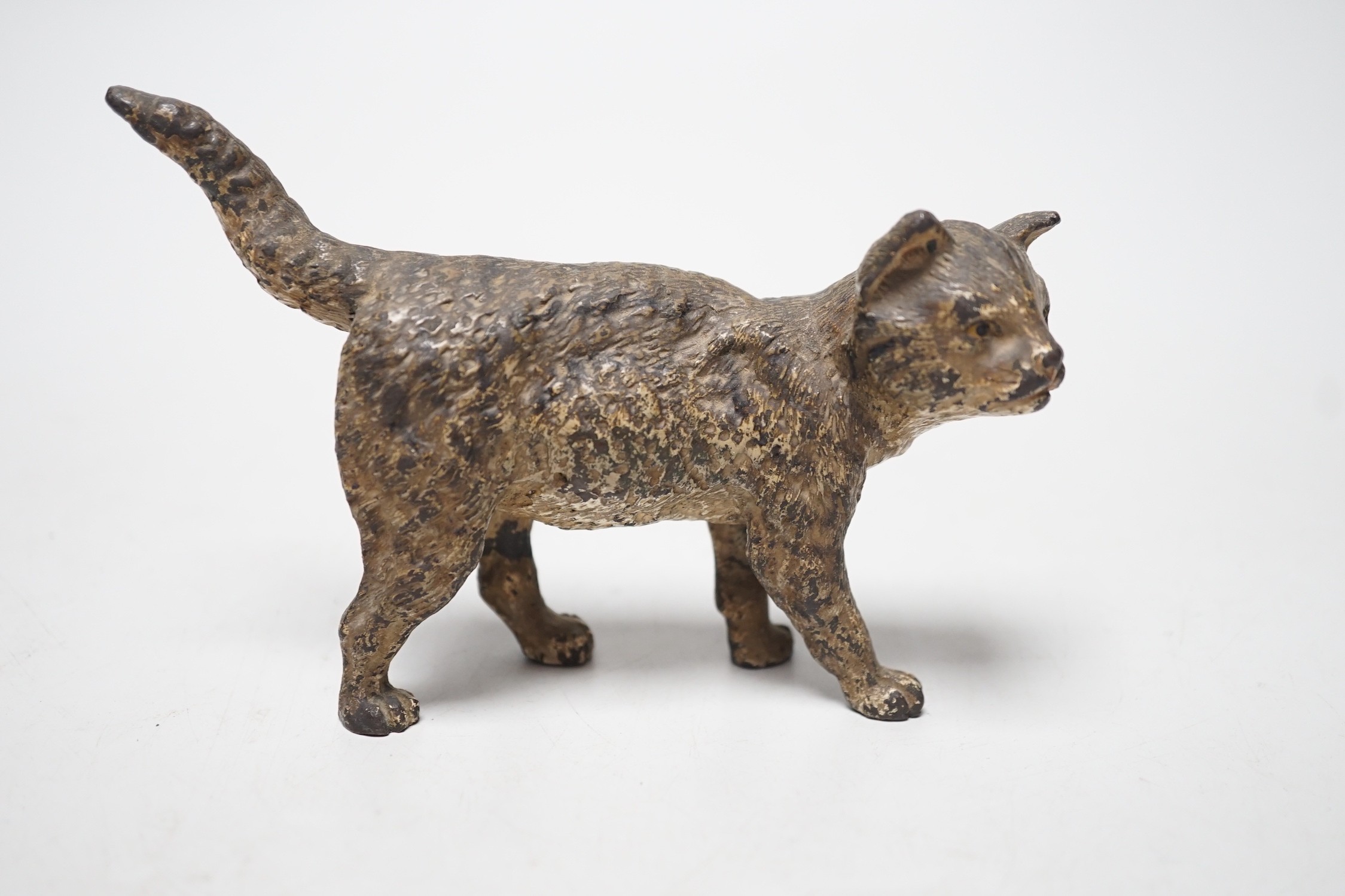 A cold painted bronze figure of standing cat, early 20th century, 13cm long